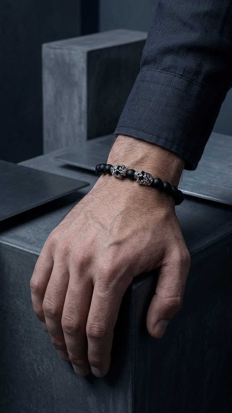 chwarzes Onyx Skull Armband von Lorencik am Männerhandgelenk vor urbanem Beton-Hintergrund