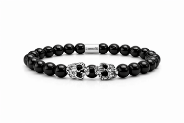 Dual Core Black Mirror – Perlenarmband Herren mit 8mm glänzendem Obsidian und 10mm Skull-Beads aus Edelstahl 304L von Lorencik