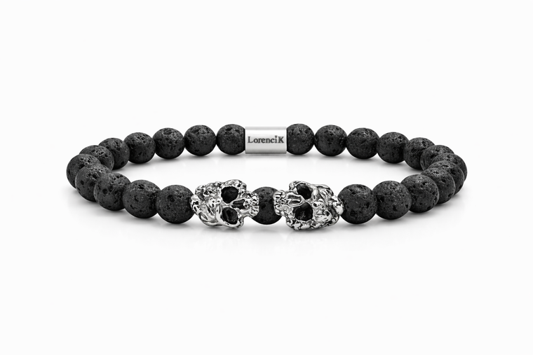 Dual Core – Lava Core | Perlenarmband Herren Lavastein 8mm Skull Edelstahl