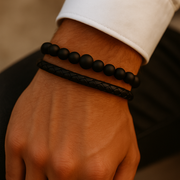 Armband Set Leder & Onyx – Unisex Bundle Night Signature
