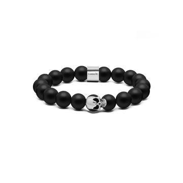 Exklusives Armband aus matten Onyx-Perlen (10 mm) mit handgefertigter Totenkopfperle und echter Silbermaske – edles Herrenaccessoire.