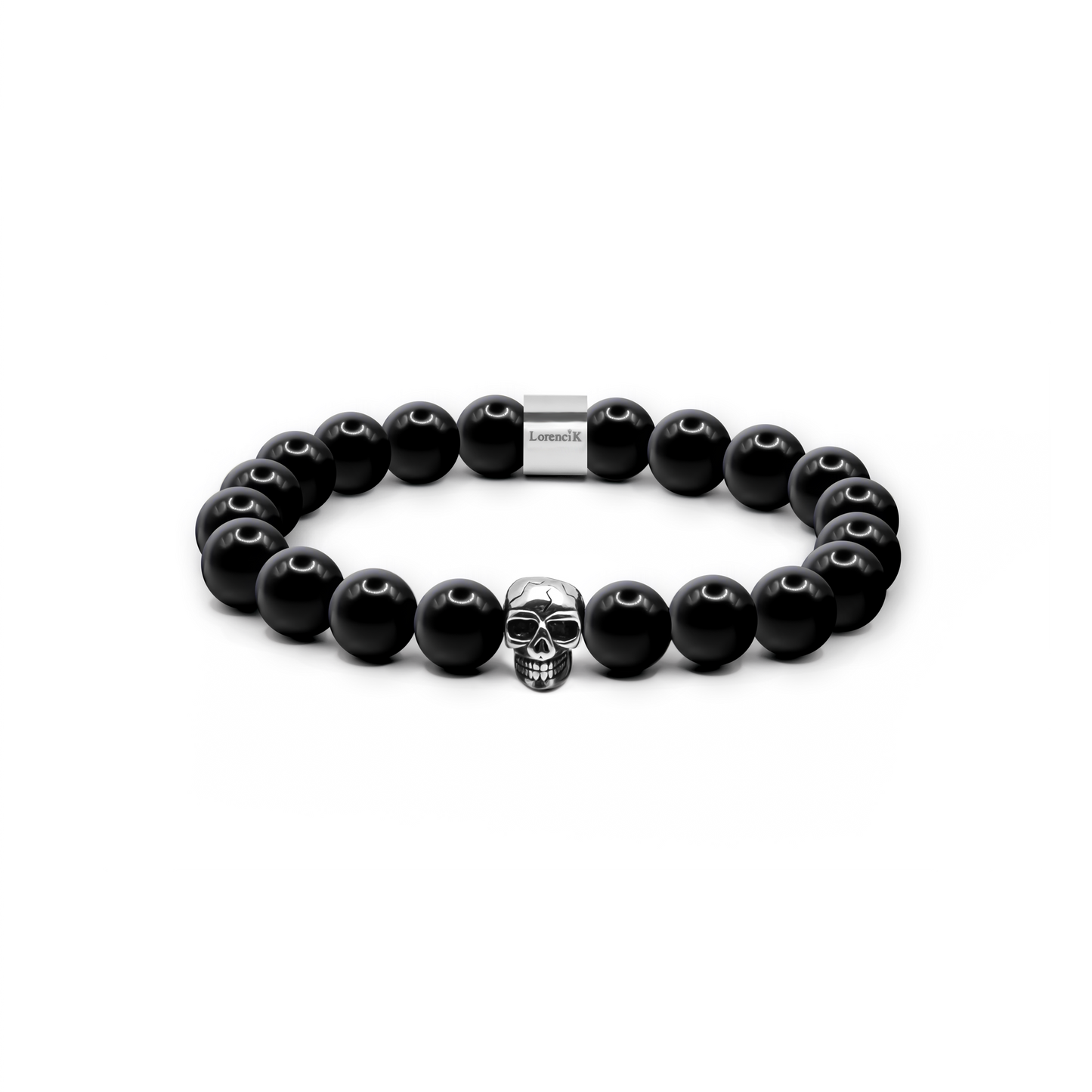 Revenant Obsidian – 10 mm glänzendes Obsidian-Armband mit poliertem Edelstahl-Skull und Lorencik-Branding