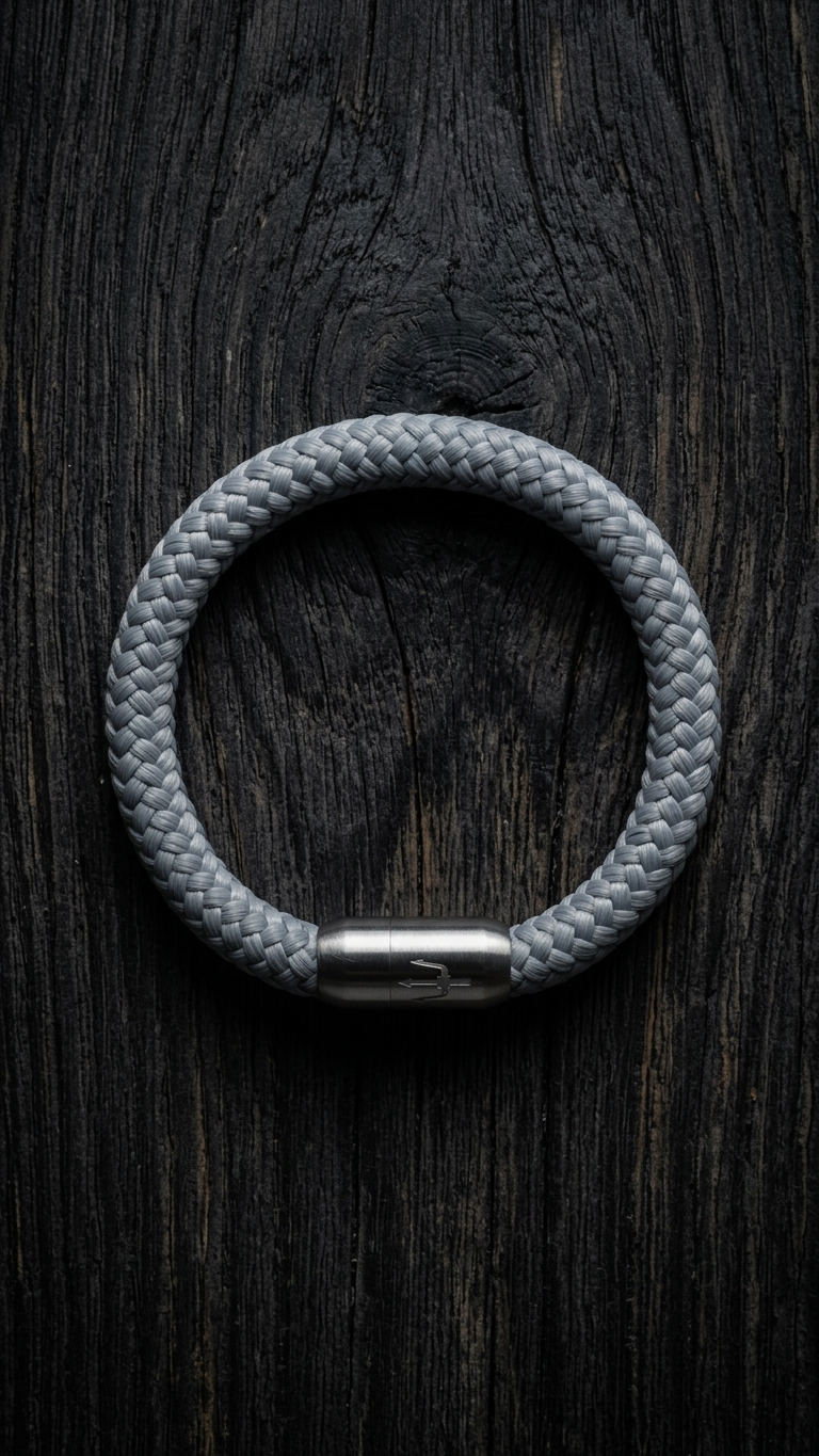 Hellgraues geflochtenes Seilarmband mit Edelstahlverschluss als Produktfoto auf dunklem Holz