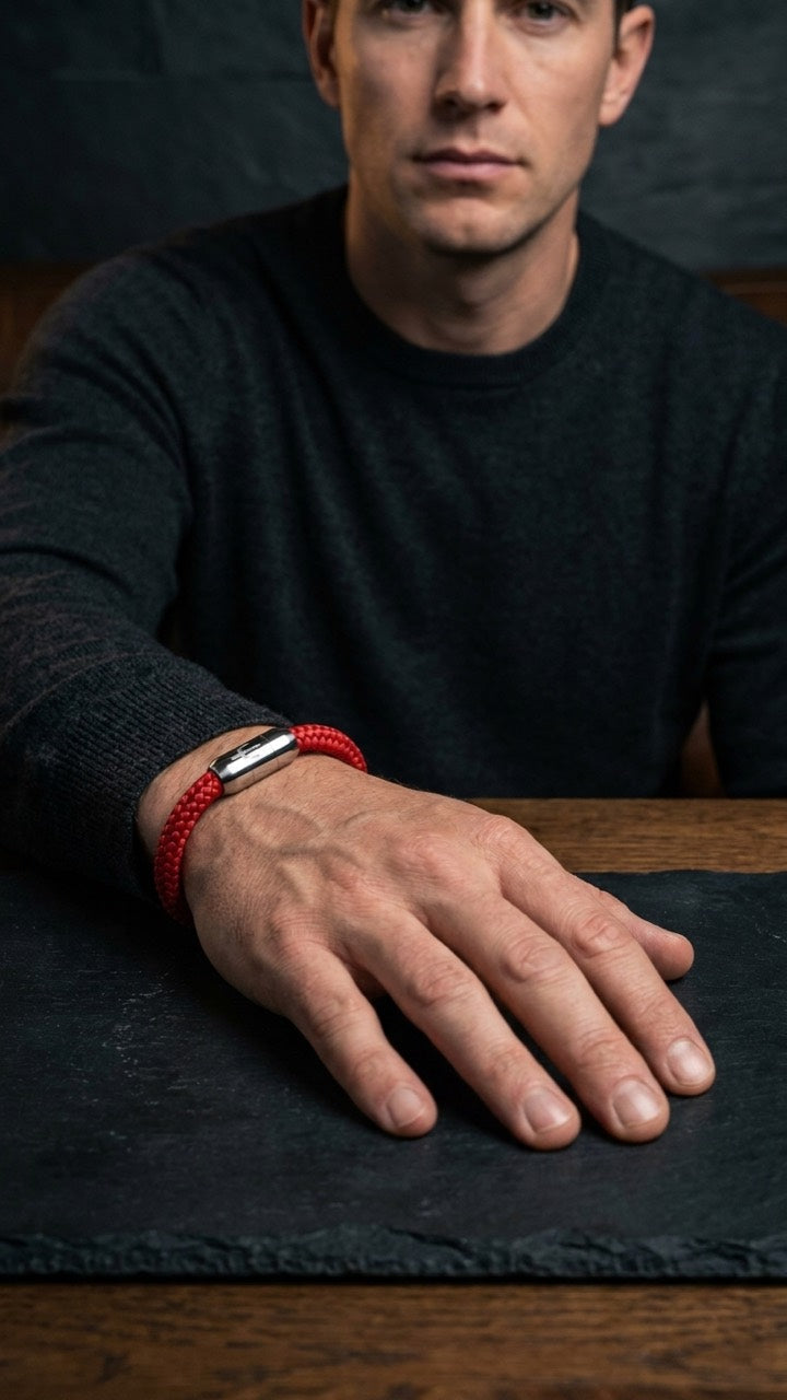Rotes geflochtenes Armband mit silberfarbenem Dreizack Verschluss am Handgelenk eines Models am Tisch.