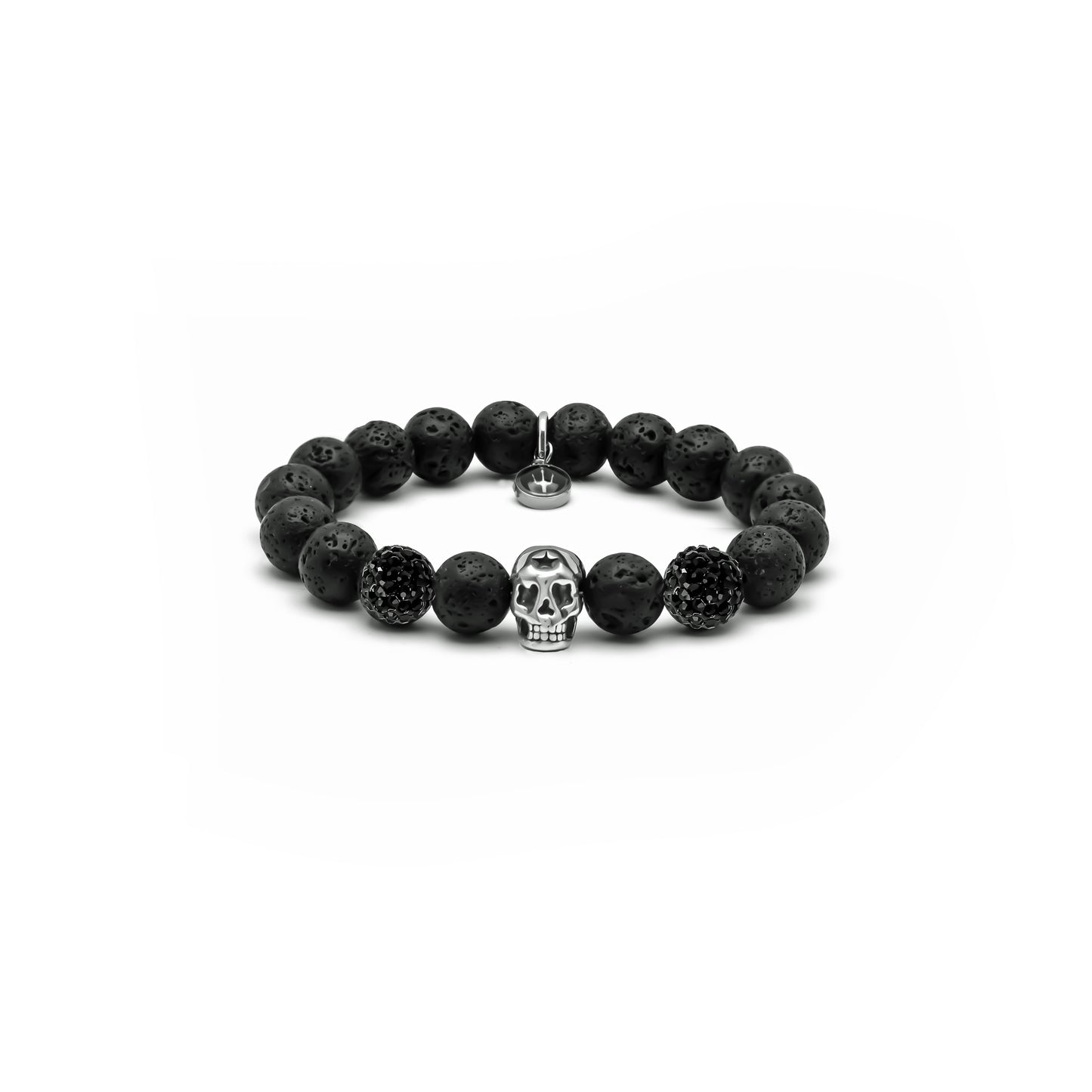 Black Death Lavastein – Perlenarmband Herren 10mm mit Sternschädel aus Edelstahl 304 und Shamballa-Strass-Perlen von Lorencik