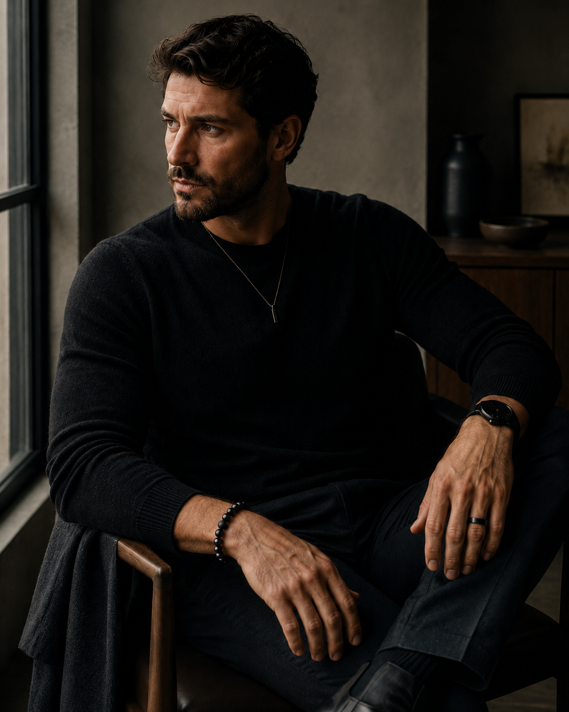 Mann in dunklem Outfit mit schwarzem Perlenarmband, Ring und Uhr – stilvolle Accessoires im minimalistischen Look.