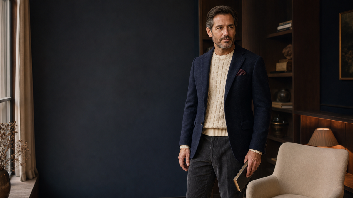 Mann in dunkelblauem Blazer, cremefarbenem Zopfstrick und grauer Cordhose in einem modernen Lesezimmer