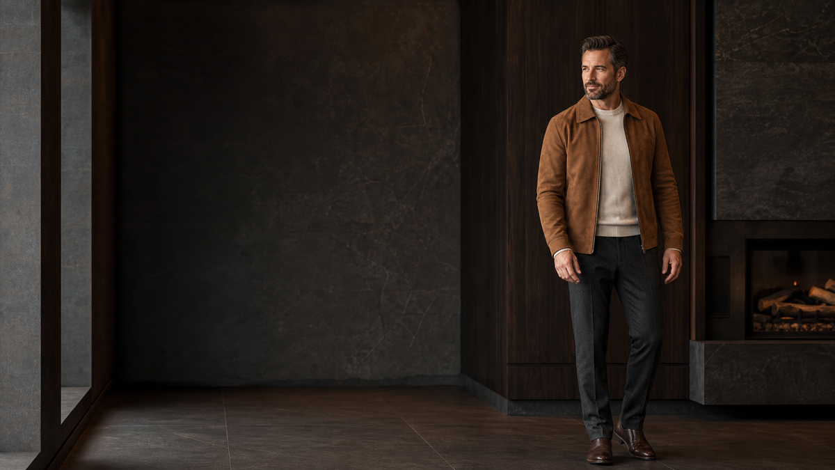 Mann in cognacfarbener Veloursjacke und cremefarbenem Strick im ruhigen Herbst-Interior