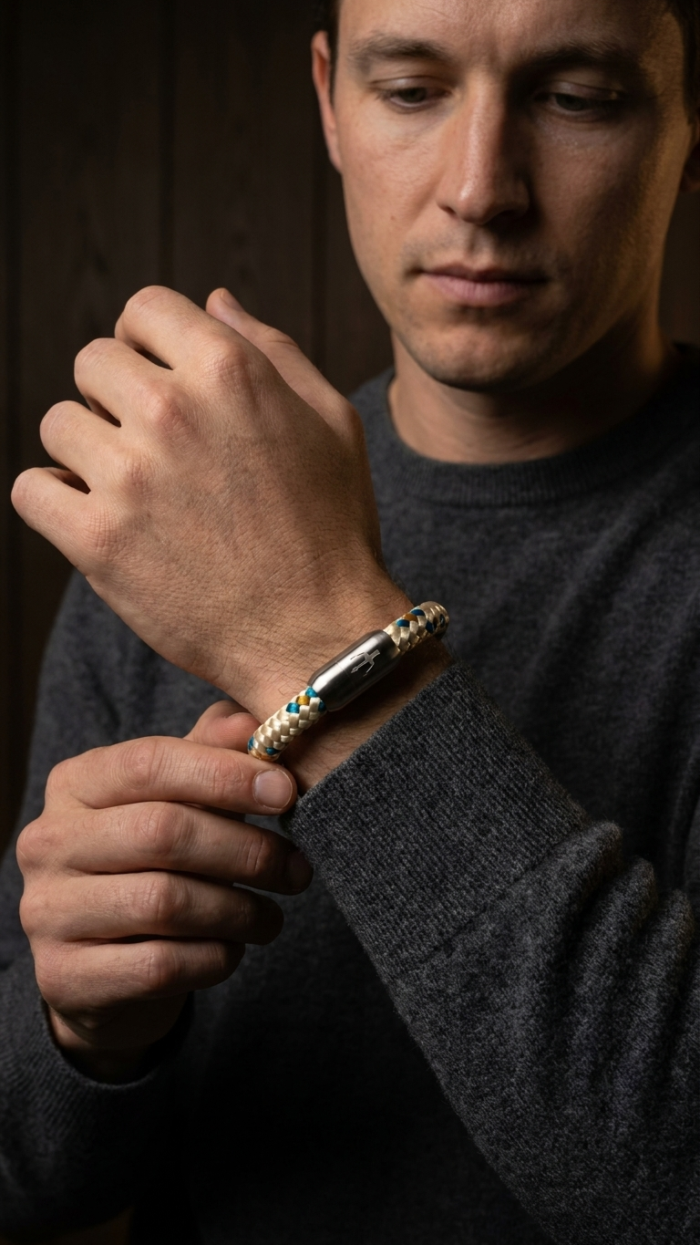 Beige braunes blaues geflochtenes Armband mit silberfarbenem Dreizack Verschluss am Handgelenk eines Models mit grauem Pullover.