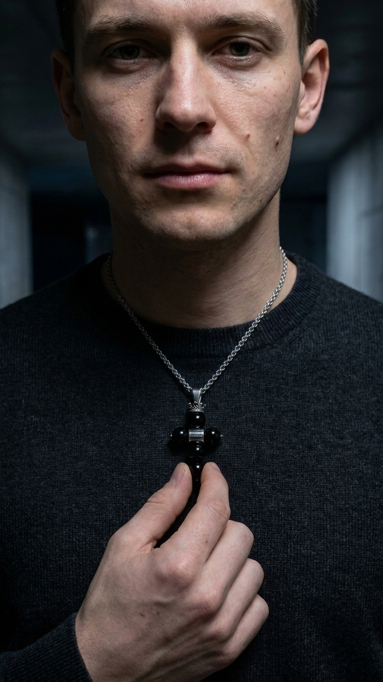 Ein Mann traegt einen schwarzen Kreuzanhaenger an einer silberfarbenen Kette zu einem dunklen Pullover.
