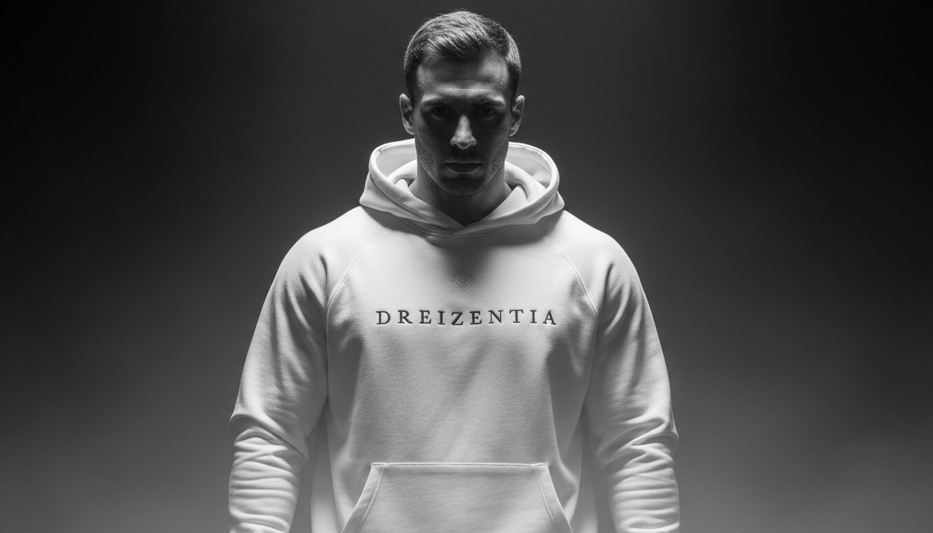 DREIZENTIA™ Signature Hoodie – Heavyweight Streetwear Hoodie mit Stickerei, Model in Schwarz-Weiß-Licht
