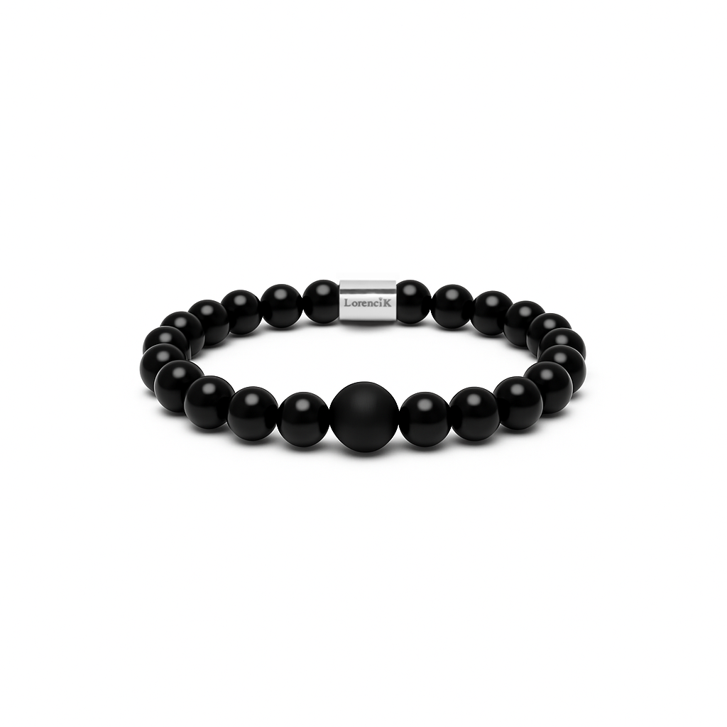 Infinity Balance – Onyx Obsidian, schwarzes Onyx Obsidian Armband mit Mittelperle
