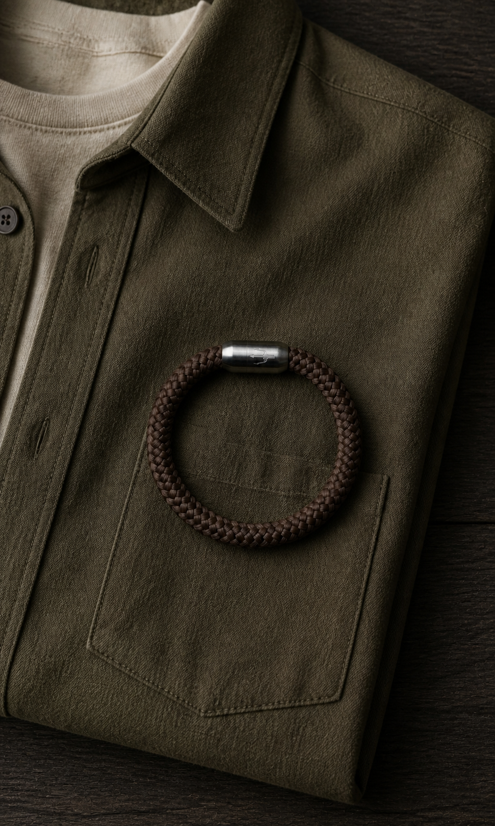 Braunes geflochtenes Seilarmband mit Edelstahlverschluss auf olivgrünem Hemd