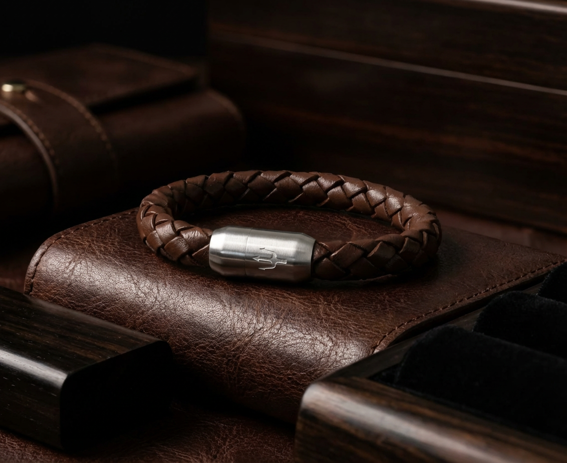 Vielseitige Lederarmbänder für Herren – aus glattem oder geflochtenem Rindsleder, erhältlich in verschiedenen Breiten, Farben und mit hochwertigen Magnetverschlüssen aus Edelstahl.