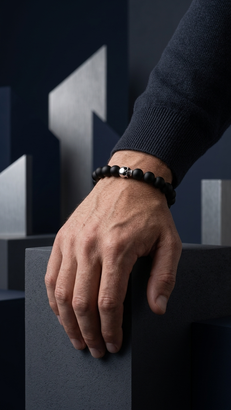 Getragenes Lorencik Onyx Skull Luxe Armband mit schwarzen Perlen und silbernen Skull-Details