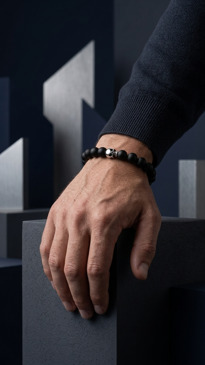 Onyx Skull Luxe – Handgefertigtes Onyx-Perlen-Armband mit Totenkopf und echter Silbermaske