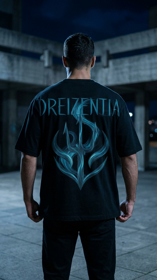 Schwarzes Dreizentia T-Shirt mit großem blauem Dreizack-Backprint in nächtlicher Umgebung