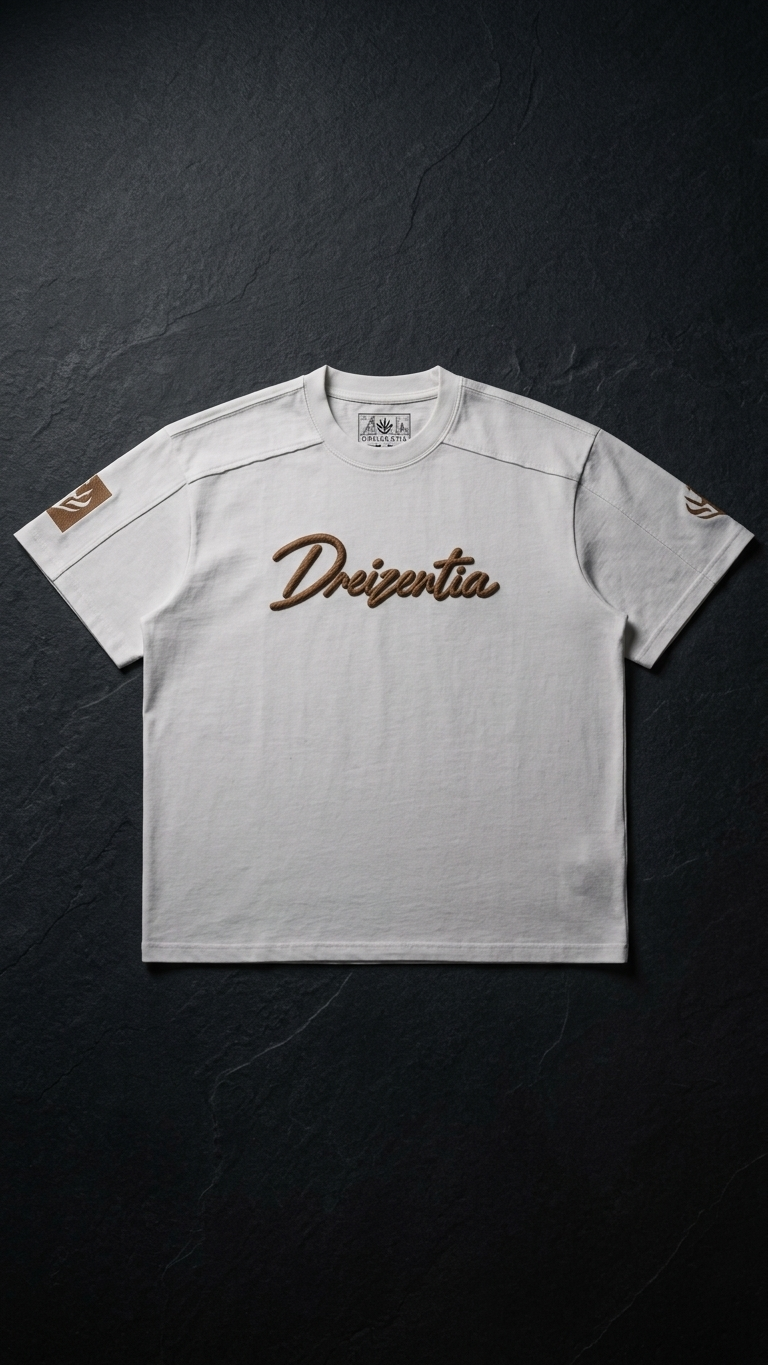 Weißes DREIZENTIA REVIER ROYAL Cognac T-Shirt mit Brustschriftzug und Ärmelmotiven auf dunklem Schiefer.