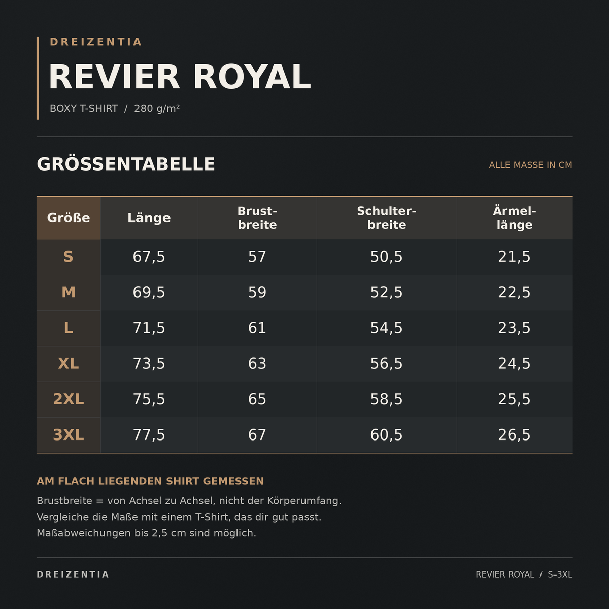 REVIER ROYAL Größentabelle S bis 3XL: Länge, Brustbreite, Schulterbreite und Ärmellänge in Zentimetern.
