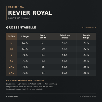 REVIER ROYAL Größentabelle S bis 3XL: Länge, Brustbreite, Schulterbreite und Ärmellänge in Zentimetern.