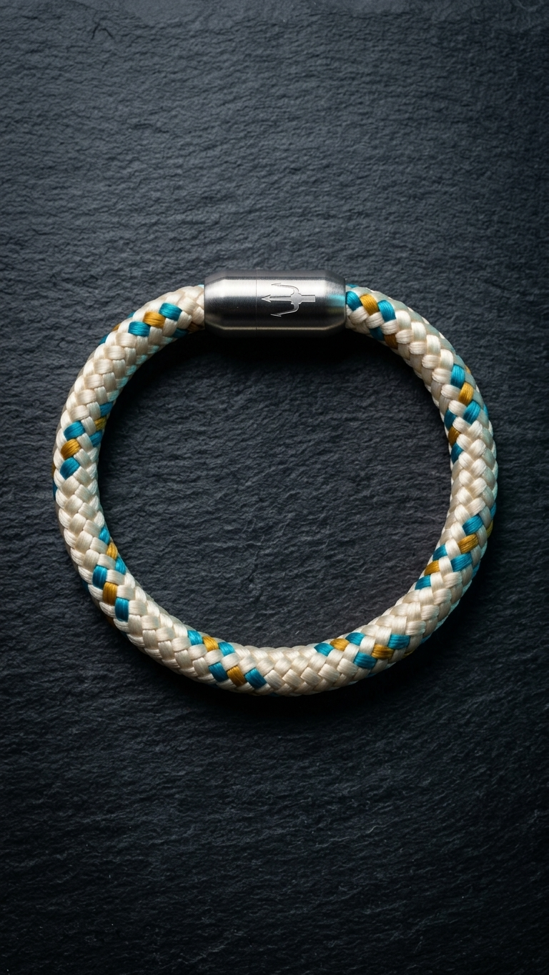 Beige braun blaues geflochtenes Armband mit silberfarbenem Dreizack Verschluss als zweite Produktansicht auf dunklem Schiefer.
