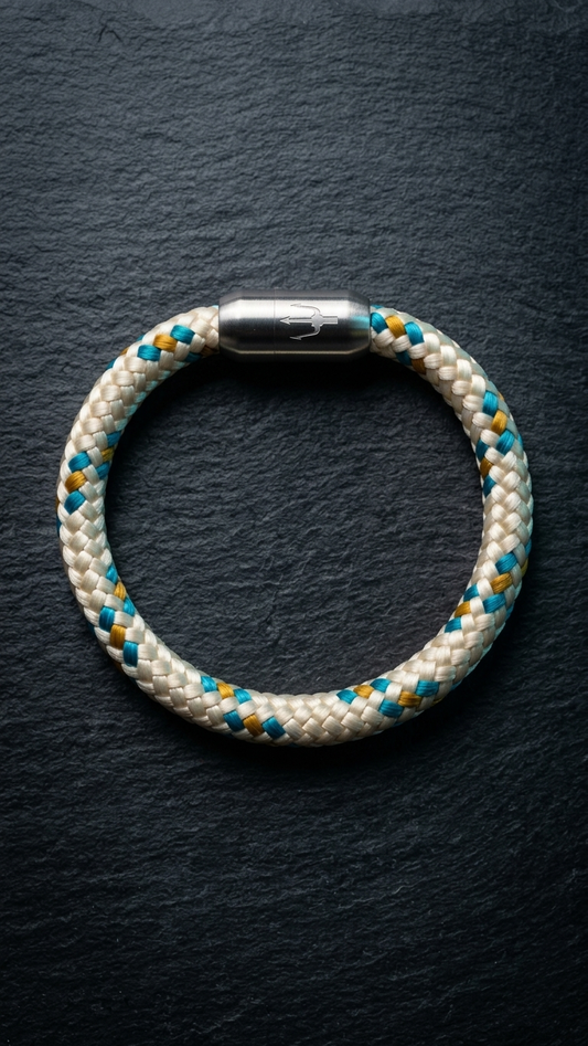 Beige braun blaues geflochtenes Armband mit silberfarbenem Dreizack Verschluss als zweite Produktansicht auf dunklem Schiefer.
