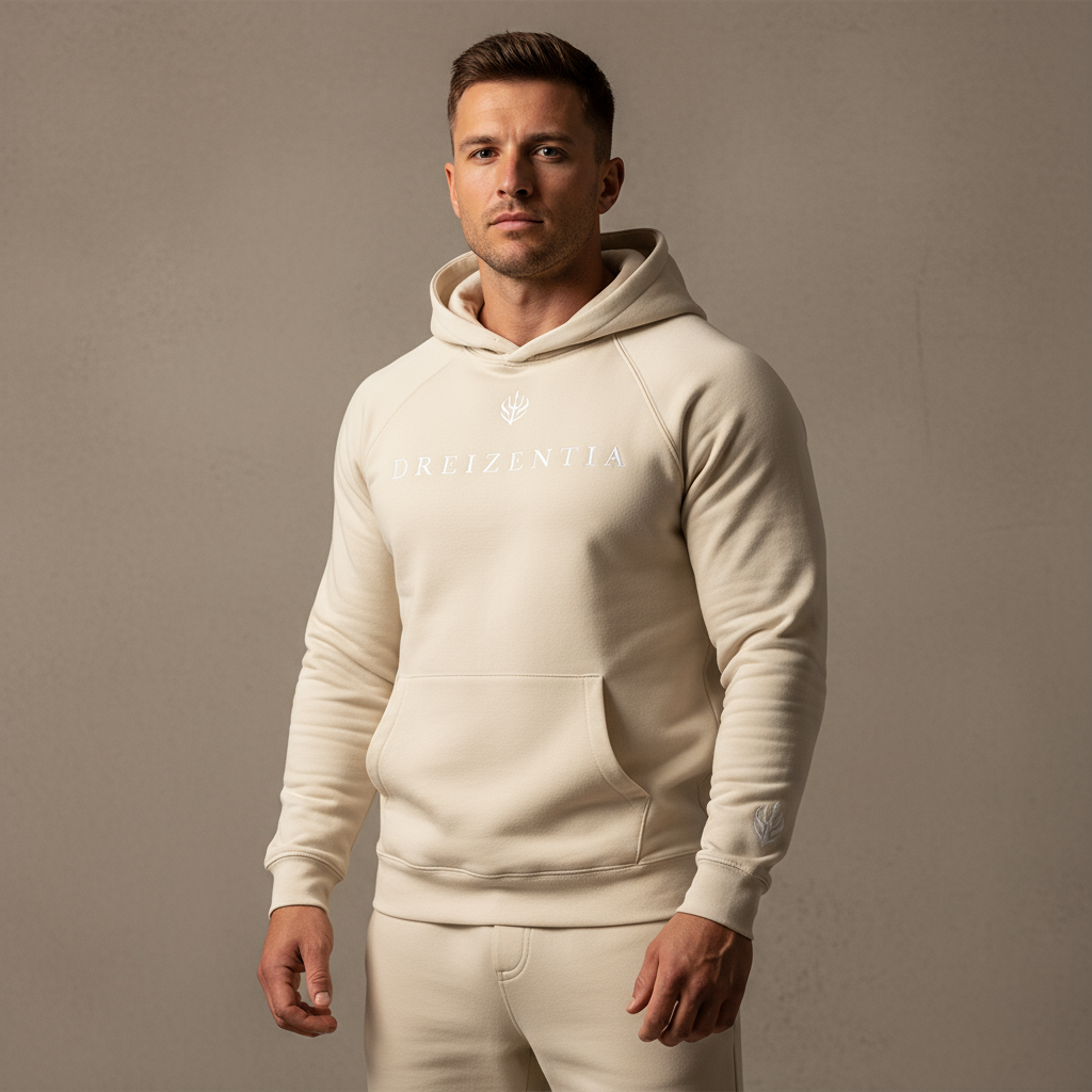 Premium Hoodie in warmem Creme-Beige mit gesticktem Dreizentia™-Logo auf der Brust und zusätzlicher Stickerei am Ärmel, getragen von einem sportlichen Model. Hochwertige Baumwollstruktur, minimalistisches Design, Made in Germany.