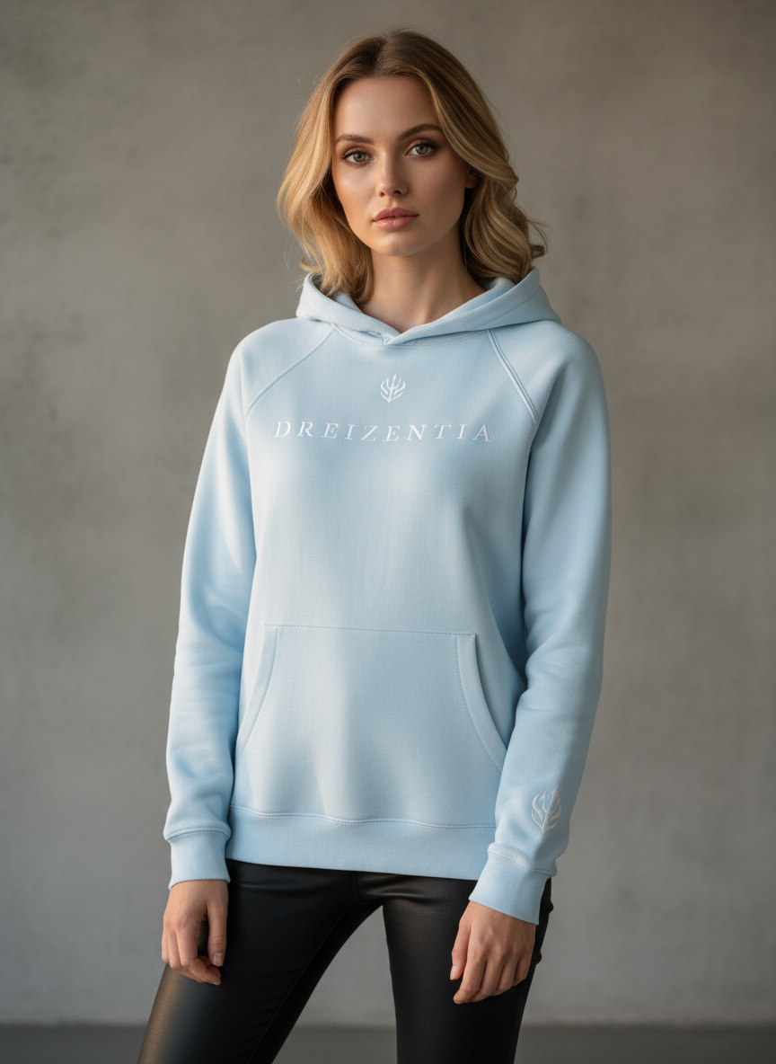 Premium Hoodie mit gesticktem Dreizentia™-Logo auf Brust und Ärmel, getragen von einem sportlichen Model im Studio. Hochwertige Baumwolle, minimalistisches Design, moderne Streetwear-Ästhetik.