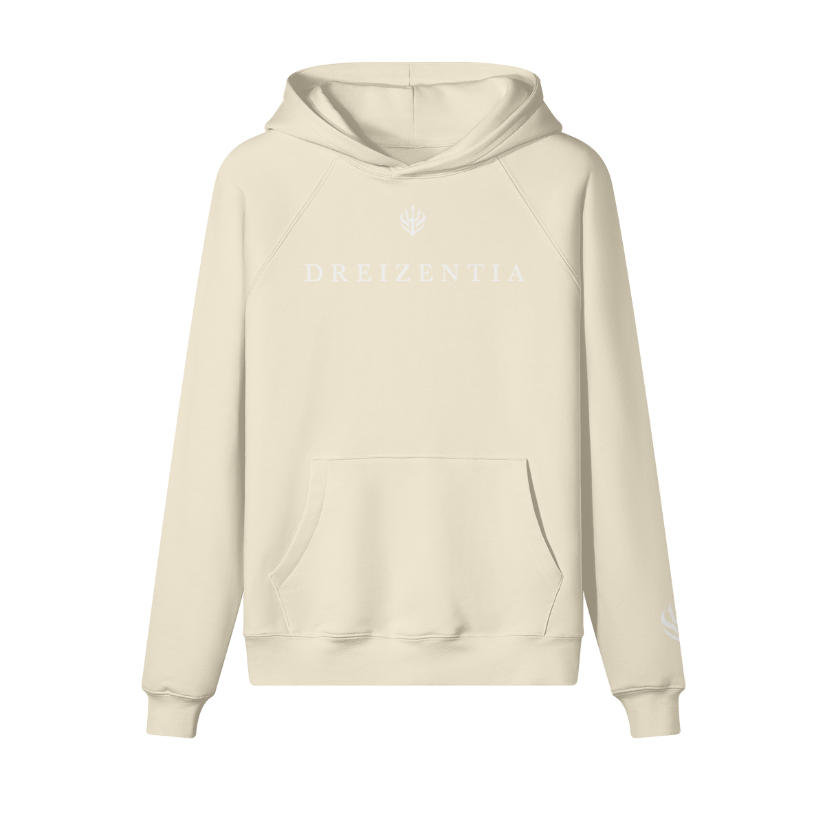 Beigefarbener Premium Hoodie aus 100 % Baumwolle mit gesticktem Dreizentia™-Logo auf der Brust. Minimalistisches Design, hochwertige Struktur, Designed in Germany.