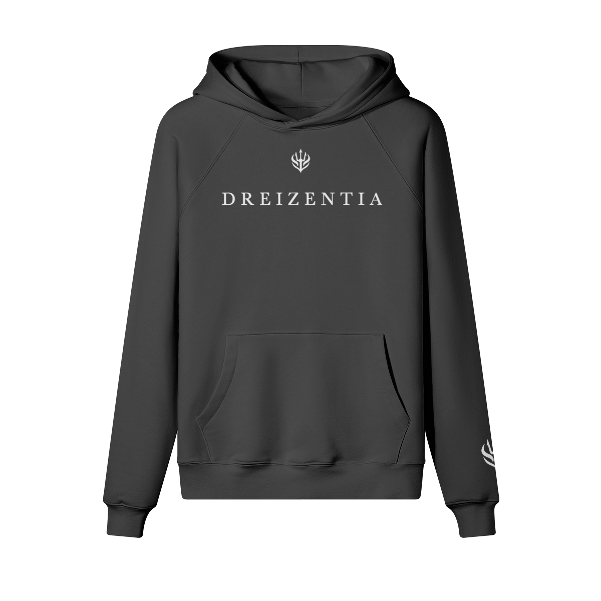 Schwarzer Premium Hoodie mit dezentem Dreizentia™-Sticklogo auf der Brust, gefertigt aus 100 % Baumwolle. Edle Struktur, maskuliner Streetwear-Look.