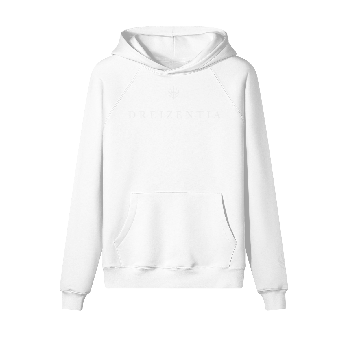 Weißer Hoodie mit dezenter Dreizentia™-Stickerei auf der Brust. 100 % Baumwolle, minimalistisches Design, clean & modern.