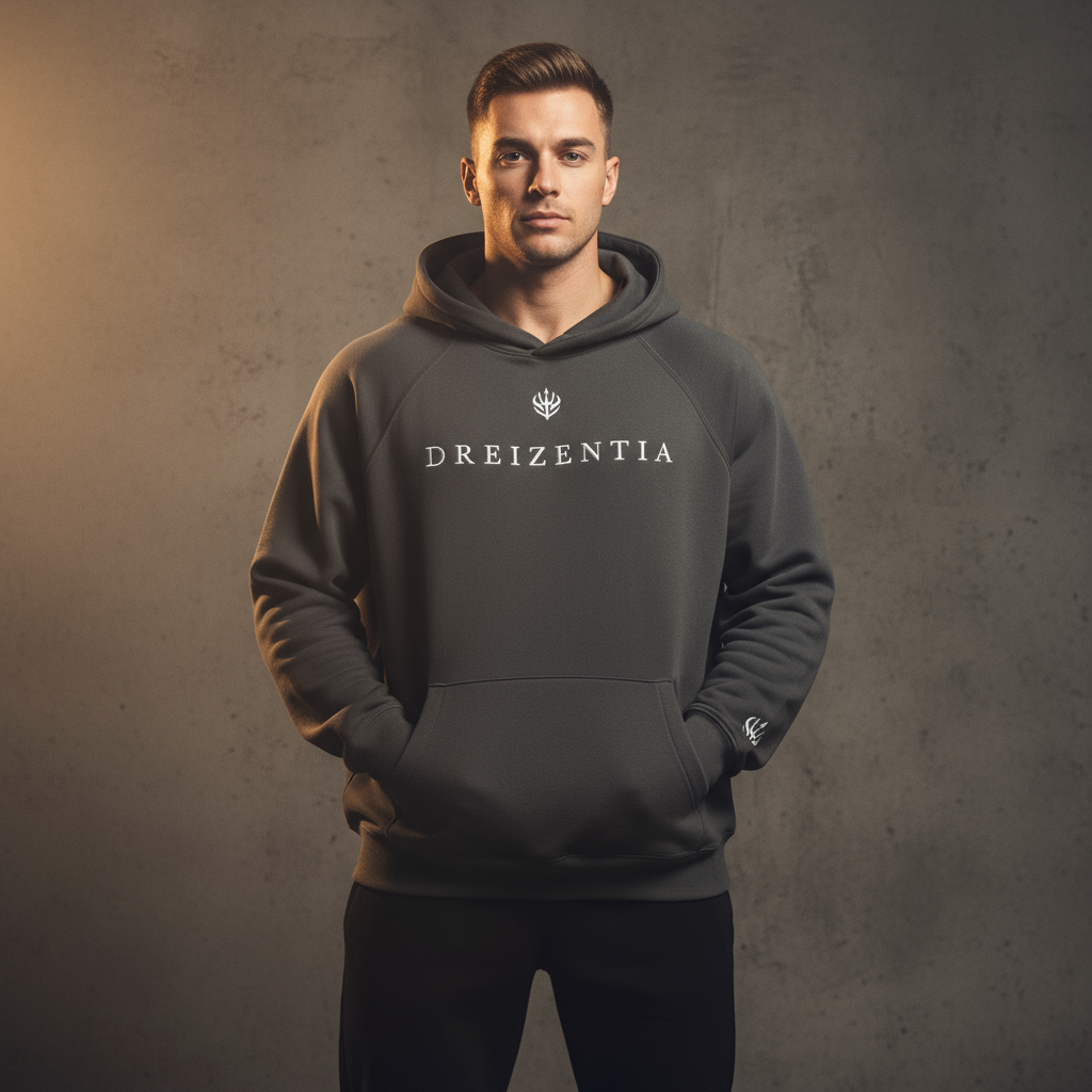 Schwarzer Premium Hoodie mit gesticktem Dreizentia™-Logo auf Brust und Ärmel, getragen von einem sportlichen Model im Studio. Hochwertige Baumwolle, minimalistisches Design, moderne Streetwear-Ästhetik.