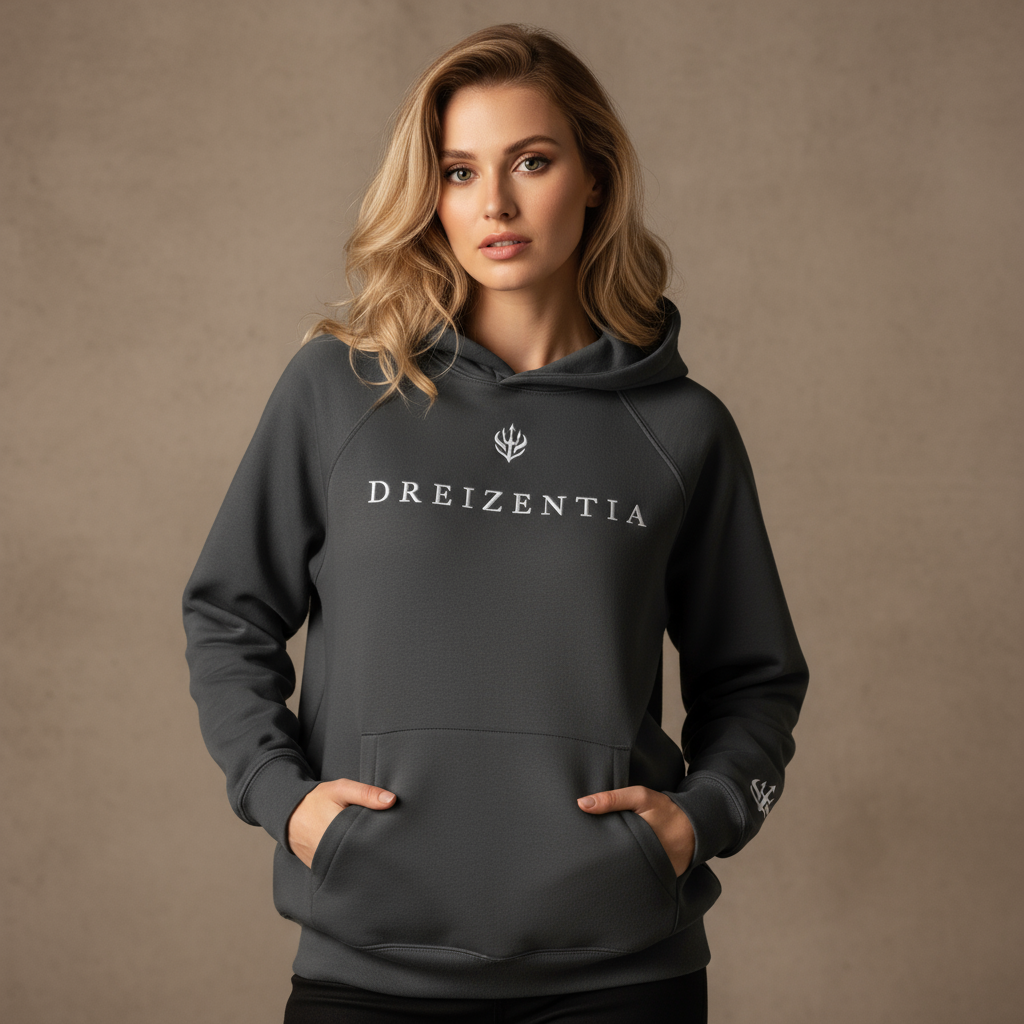 Premium Hoodie mit gesticktem Dreizentia™-Logo auf Brust und Ärmel, getragen von einem sportlichen Model im Studio. Hochwertige Baumwolle. 