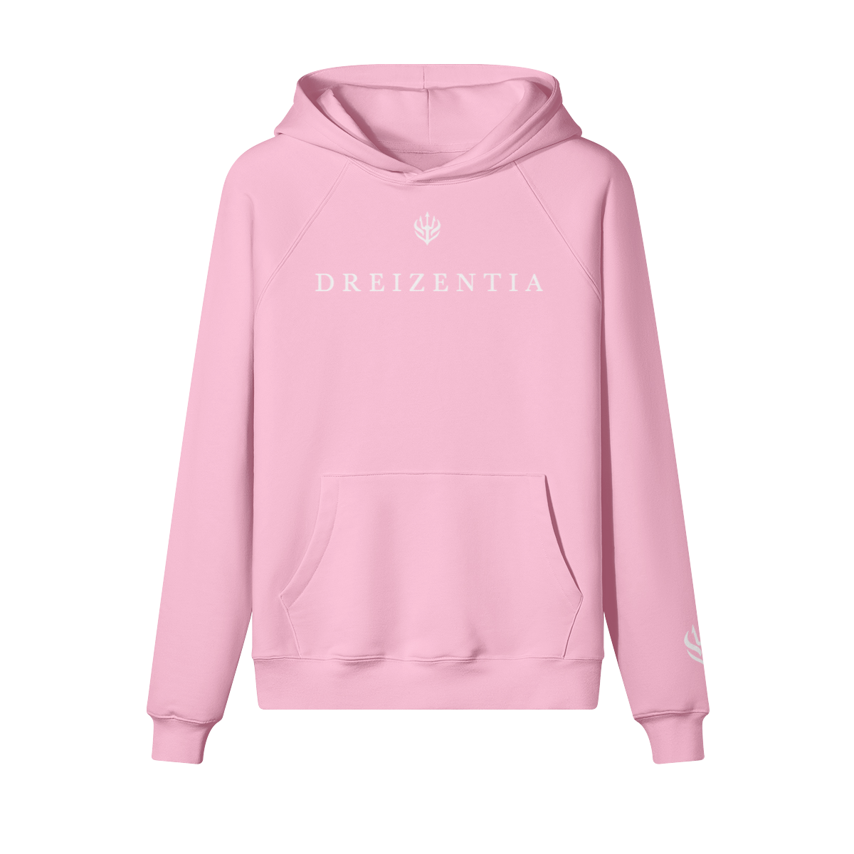 Rosa Hoodie mit weißer Dreizentia™-Stickerei auf der Brust. Gefertigt aus 100 % Baumwolle, hochwertig, stilvoll und modern.