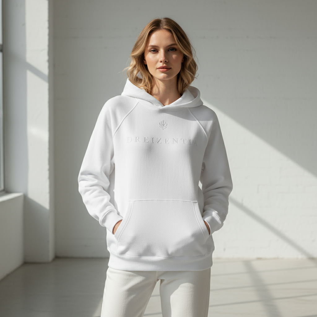 Weißer Premium Hoodie mit dezent gesticktem Dreizentia™-Logo auf der Brust, getragen von einer Frau in natürlichem Studiolicht. Minimalistisches Design aus 100 % Baumwolle, hochwertige Struktur, ruhige Atmosphäre