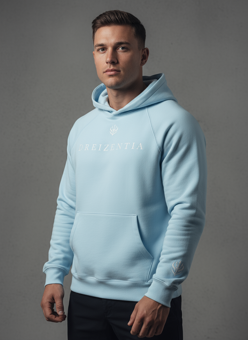 Babyblauer Premium Hoodie mit gesticktem Dreizentia™-Logo auf Brust und Ärmel, getragen von einem sportlichen Model im Studio. Hochwertige Baumwolle, minimalistisches Design, moderne Streetwear-Ästhetik.