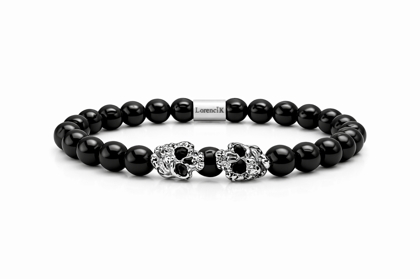 Dual Core Black Mirror – Perlenarmband Herren mit 8mm glänzendem Obsidian und 10mm Skull-Beads aus Edelstahl 304L von Lorencik