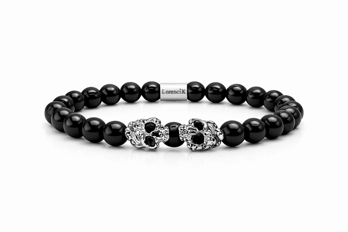 Dual Core – Black Mirror | Perlenarmband Herren Obsidian 8mm Skull Edelstahl