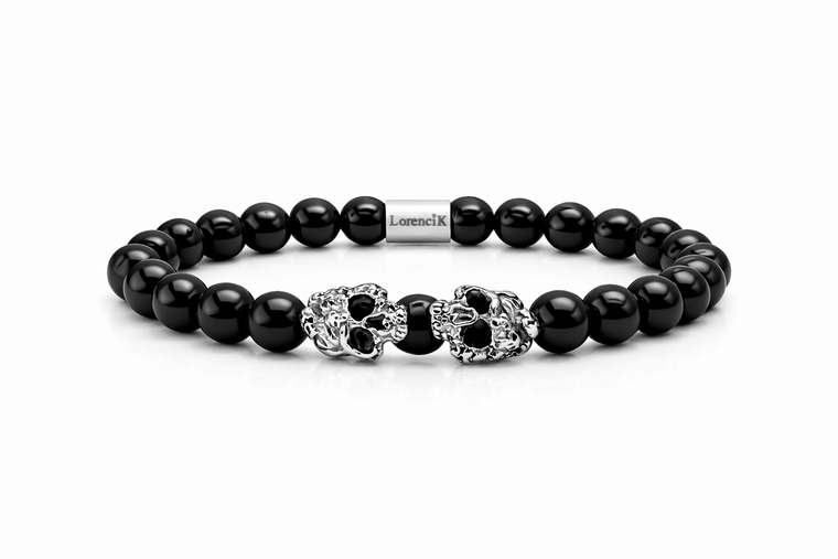 Dual Core – Black Mirror | Perlenarmband Herren Obsidian 8mm Skull Edelstahl