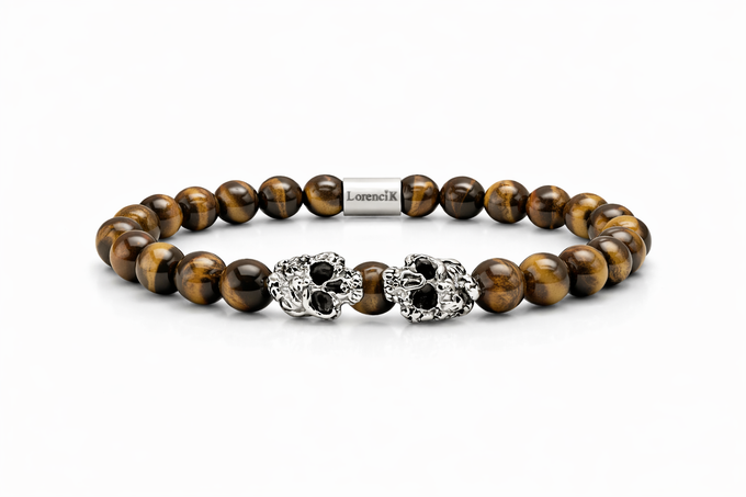 Dual Core – Golden Focus | Perlenarmband Herren Tigerauge 8mm Skull Edelstahl