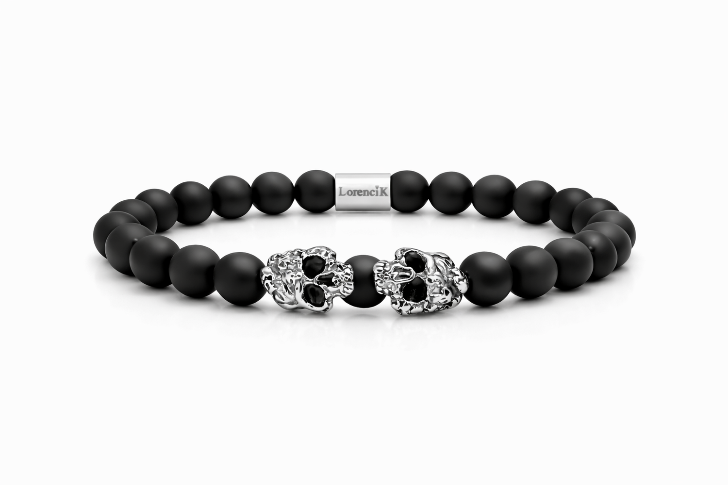 Dual Core Onyx Matte – Perlenarmband Herren mit 8mm mattem Onyx und 10mm Skull-Beads aus Edelstahl 304L von Lorencik