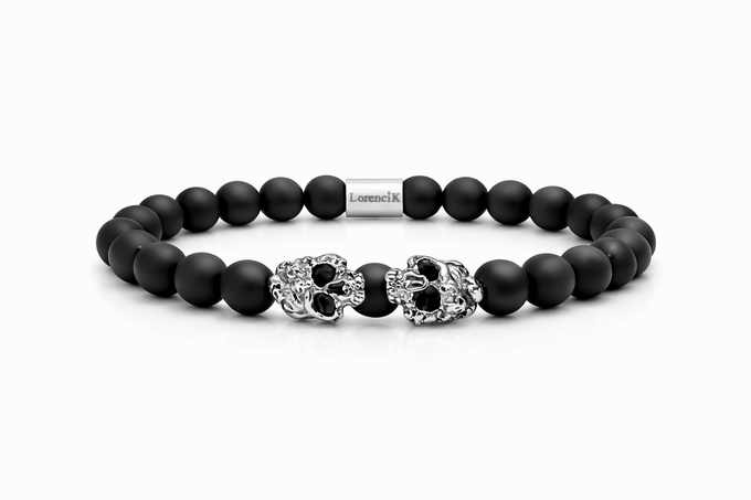 Dual Core – Onyx Matte | Perlenarmband Herren Schwarz 8mm Skull Edelstahl