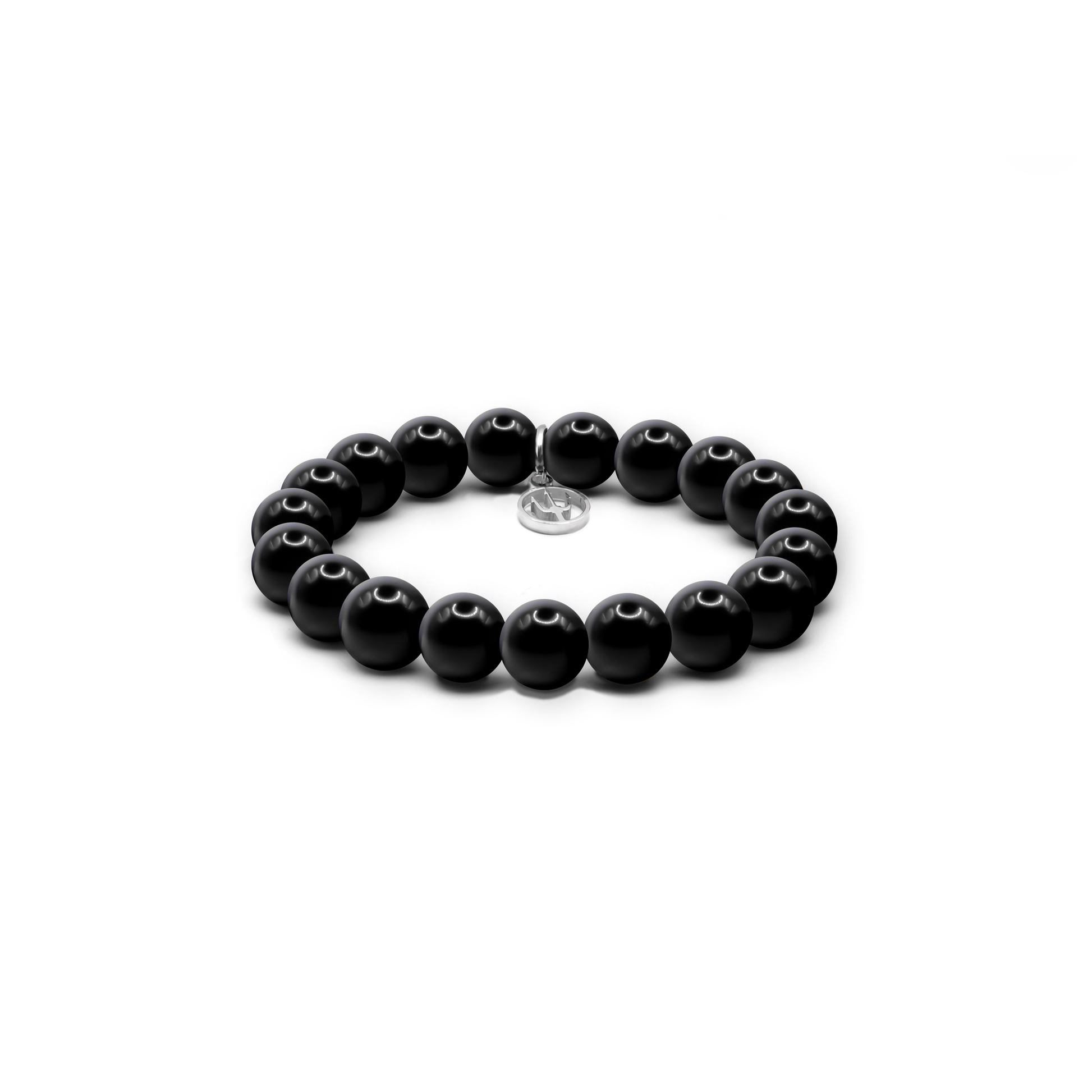 8 mm Armband aus glänzenden Obsidian-Perlen mit Edelstahl-Charm und Dreizack-Gravur – elegantes Herrenaccessoire aus der Primus Line.