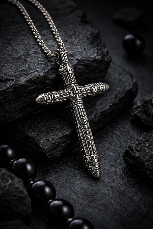 Edelstahl Kreuzanhänger in dunkler Luxus-Still-Life-Inszenierung auf schwarzem Stein mit edlen Highlights