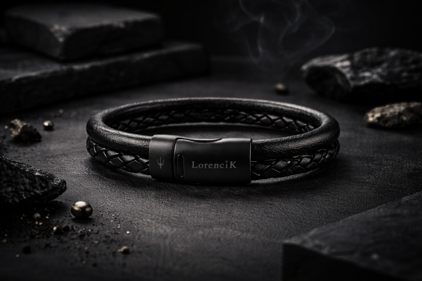 Forma Vera Still-Life – dunkle Premium-Produktfotografie des doppelten Lederarmbands