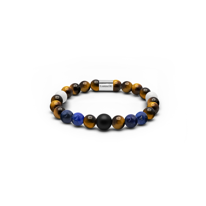 Infinity Balance – Golden Harmony, Tigerauge und Lapislazuli Armband mit Onyx-Mittelperle