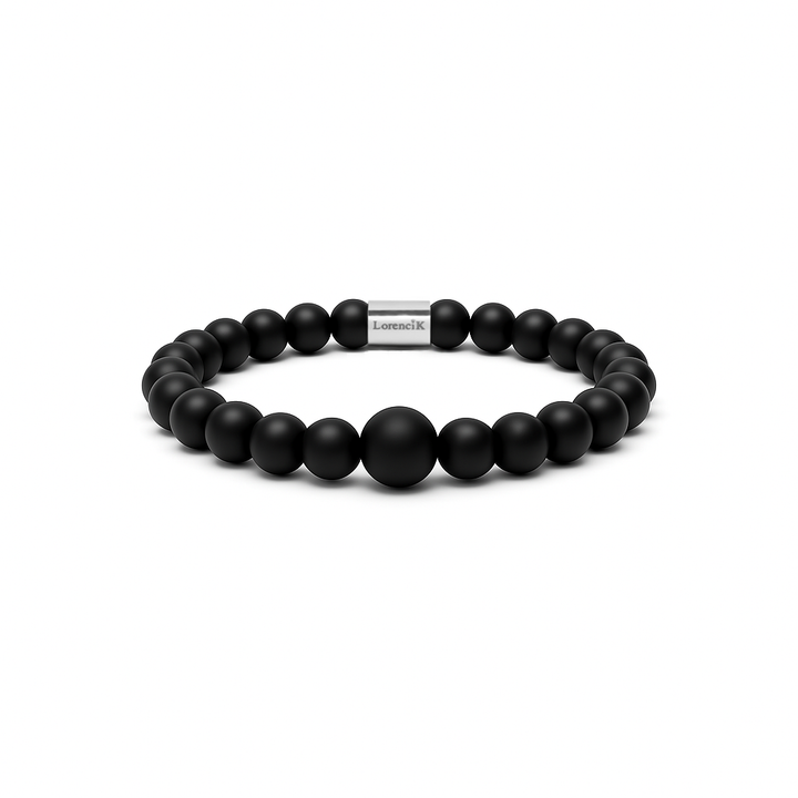 Infinity Balance – Onyx Pure, mattschwarzes Onyx-Perlenarmband mit zentraler Onyx-Perle
