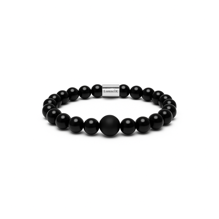 Infinity Balance – Onyx Obsidian, schwarzes Onyx Obsidian Armband mit Mittelperle