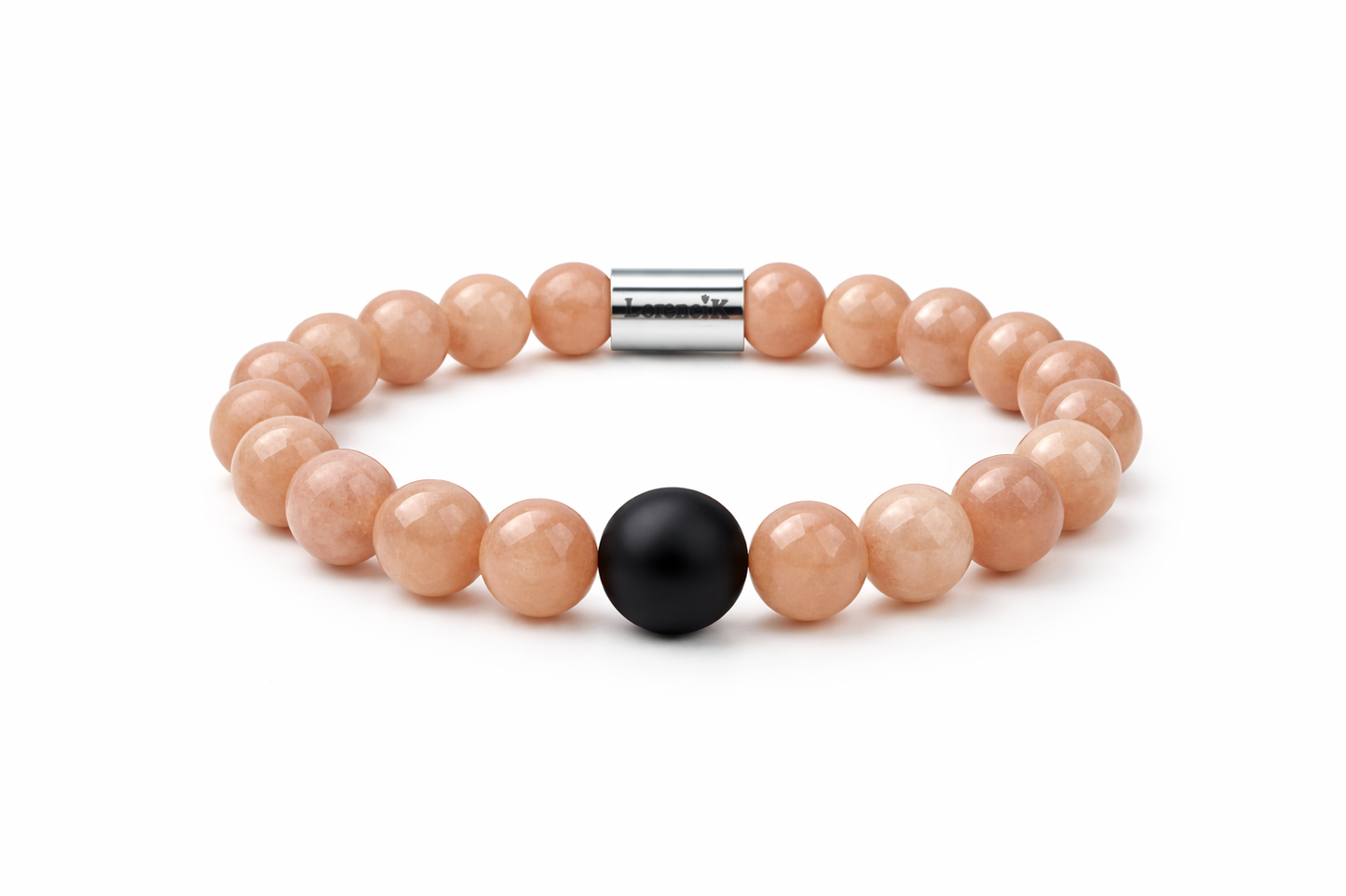Infinity Balance – Sunstone Glow, apricotfarbenes Sunstone Armband mit schwarzer Mittelperle