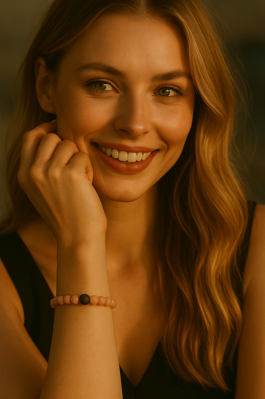 Porträt einer jungen, blonden Frau mit weicher Ausstrahlung und grünem Blick, die bei Sonnenuntergang ein elegantes Armband mit matten apricotfarbenen Sunstone-Perlen (8 mm) und einer zentralen schwarzen, matten Onyx-Perle (10 mm) trägt. Die Frau wirkt charismatisch, gelöst und lebensfroh – das Licht reflektiert sanft auf ihrer Haut und den Perlen.